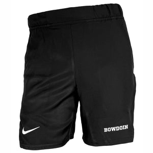 Black shorts with white Nike Swoosh on right leg and BOWDOIN in white on left leg.