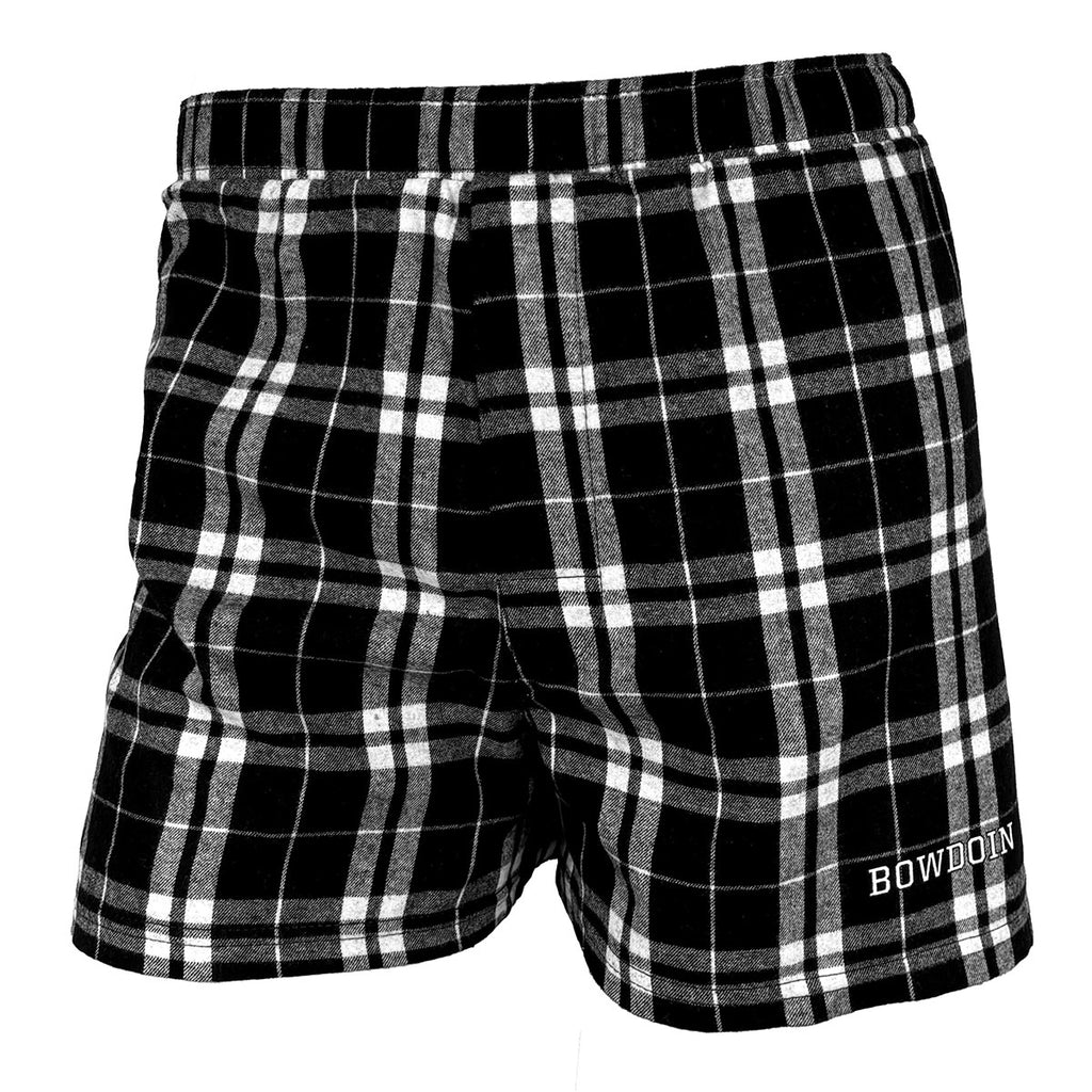 Black and white plaid flannel boxers with BOWDOIN logotype imprint on left leg in white whit black outline.