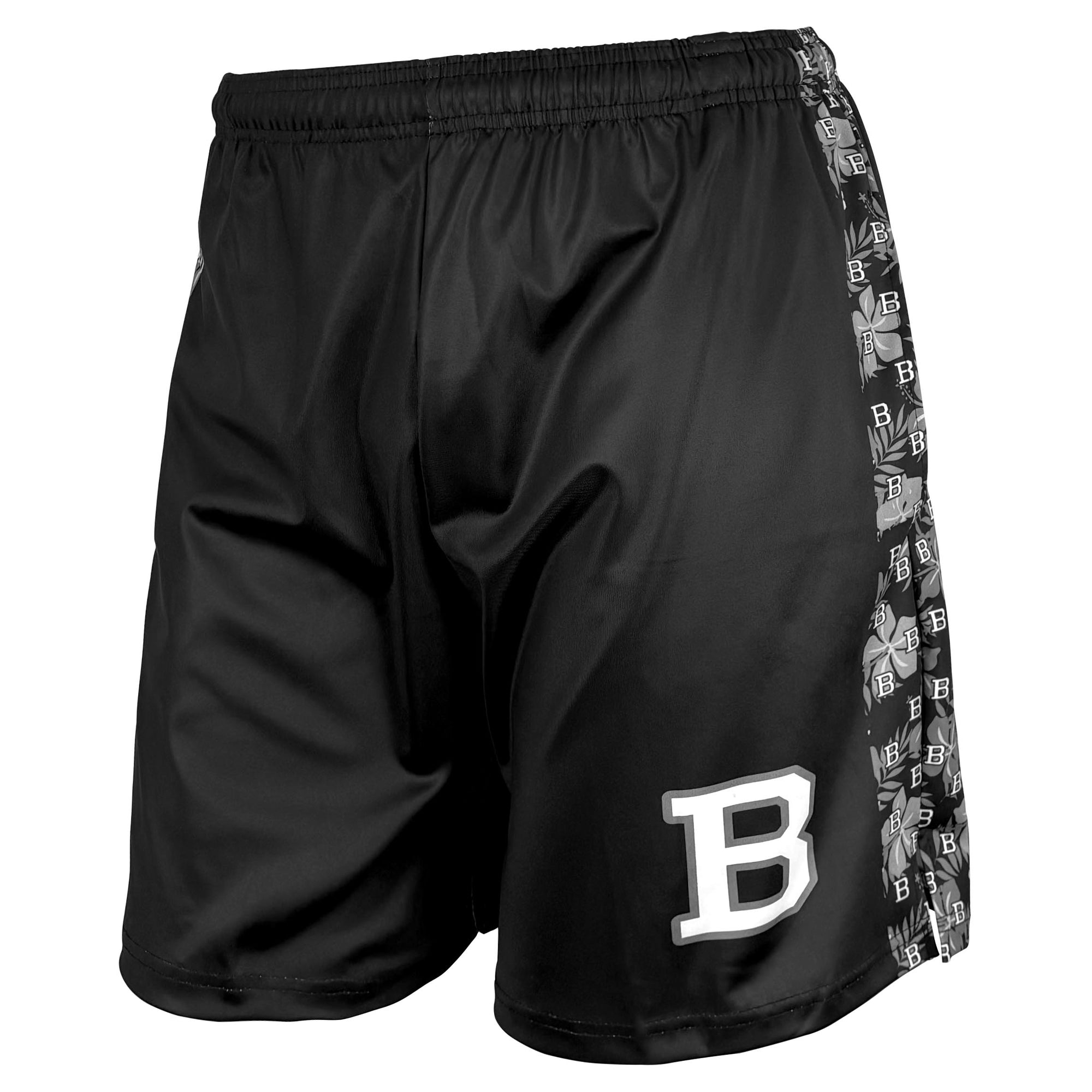 Black shorts with a floral Hawaiian patterned side strip and white letter 'B' on a white background