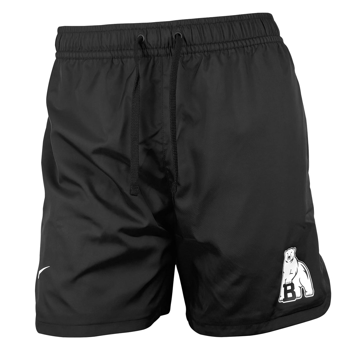 Black athletic shorts with a drawstring waist, featuring a white stylized Bowdoin polar bear mascot logo on the lower left leg and a small white swoosh on the lower right leg.