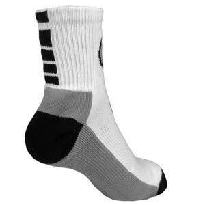 White sock with black heel and toe, grey sole and ankle, Bowdoin polar bear medallion on shin.