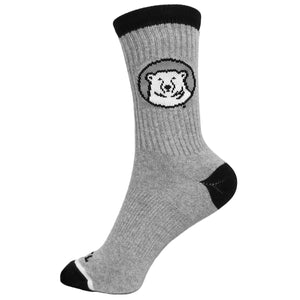 Grey crew sock with black toe, heel, and border. Bowdoin mascot medallion knit-in decoration on cuff.