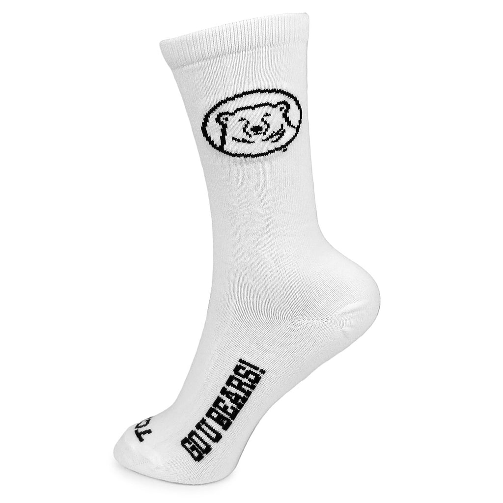 White crew sock with medallion near cuff and GO U BEARS! near sole.