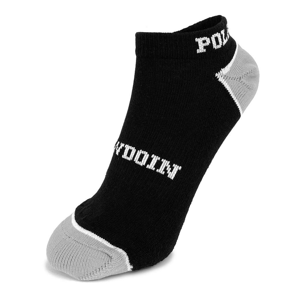 Black ankle sock with grey toes and heels with white outline. White knit in BOWDOIN across top of foot and POLAR BEARS on the cuff.