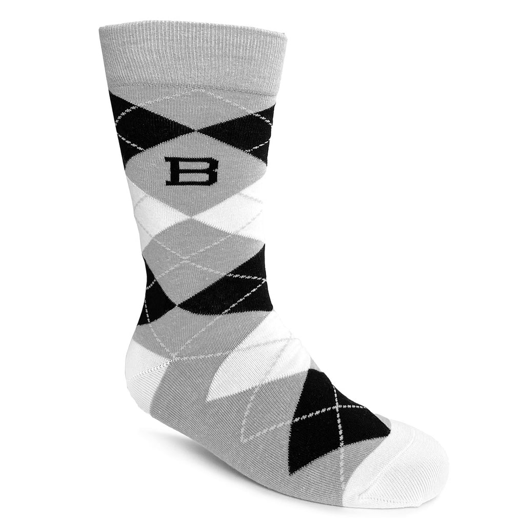 Black, white, and grey argyle socks with black B knit in on calf.