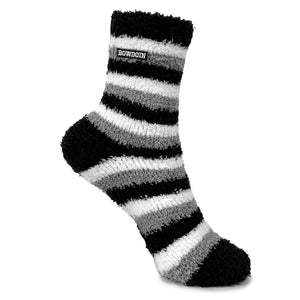 Fuzzy sock with alternating black, white, and grey stripes. Black toe and heel.  Small black rectangular embroidered patch with white BOWDOIN in athletic logotype at top of sock just below cuff.