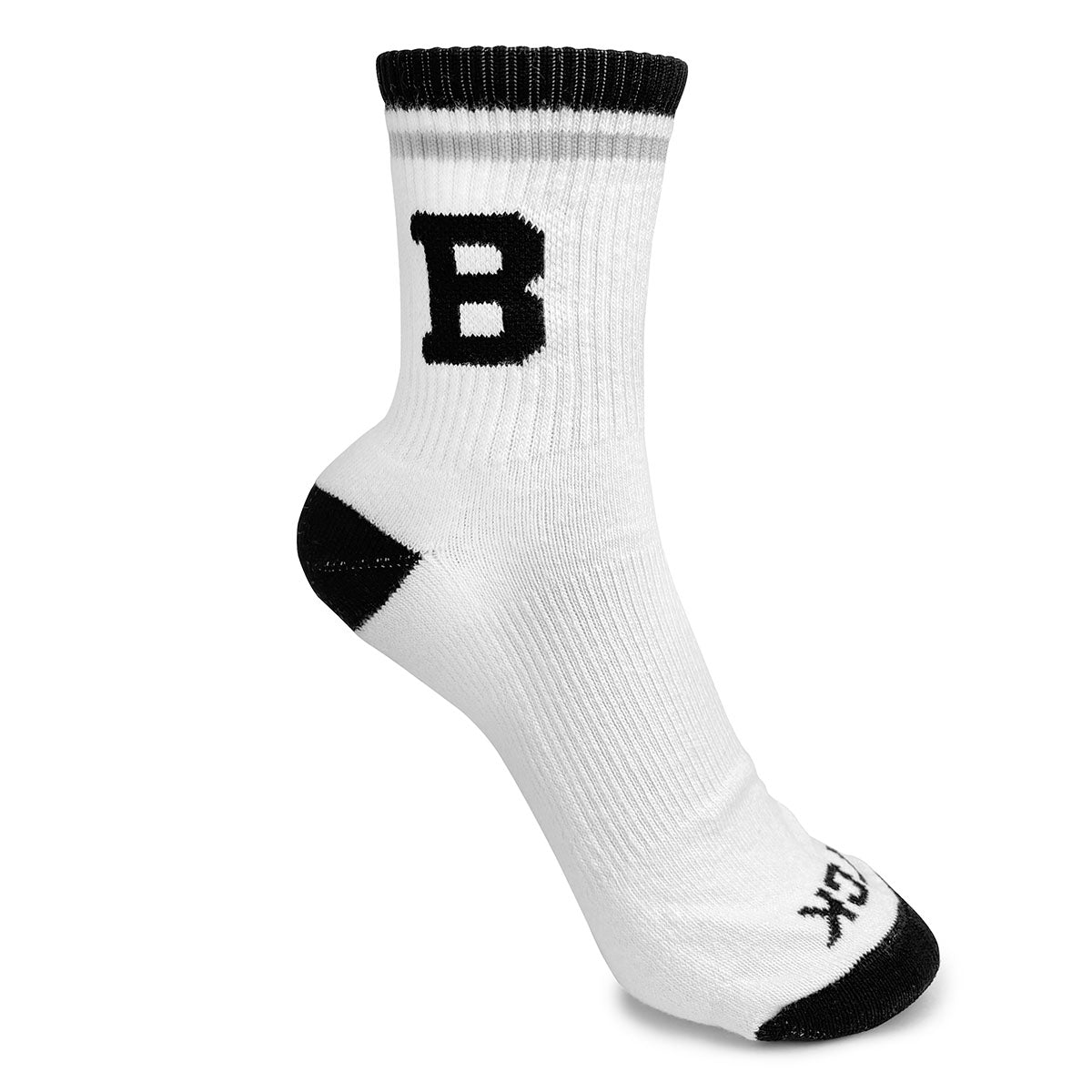 White sock with black accents and a letter 'B' on a white background