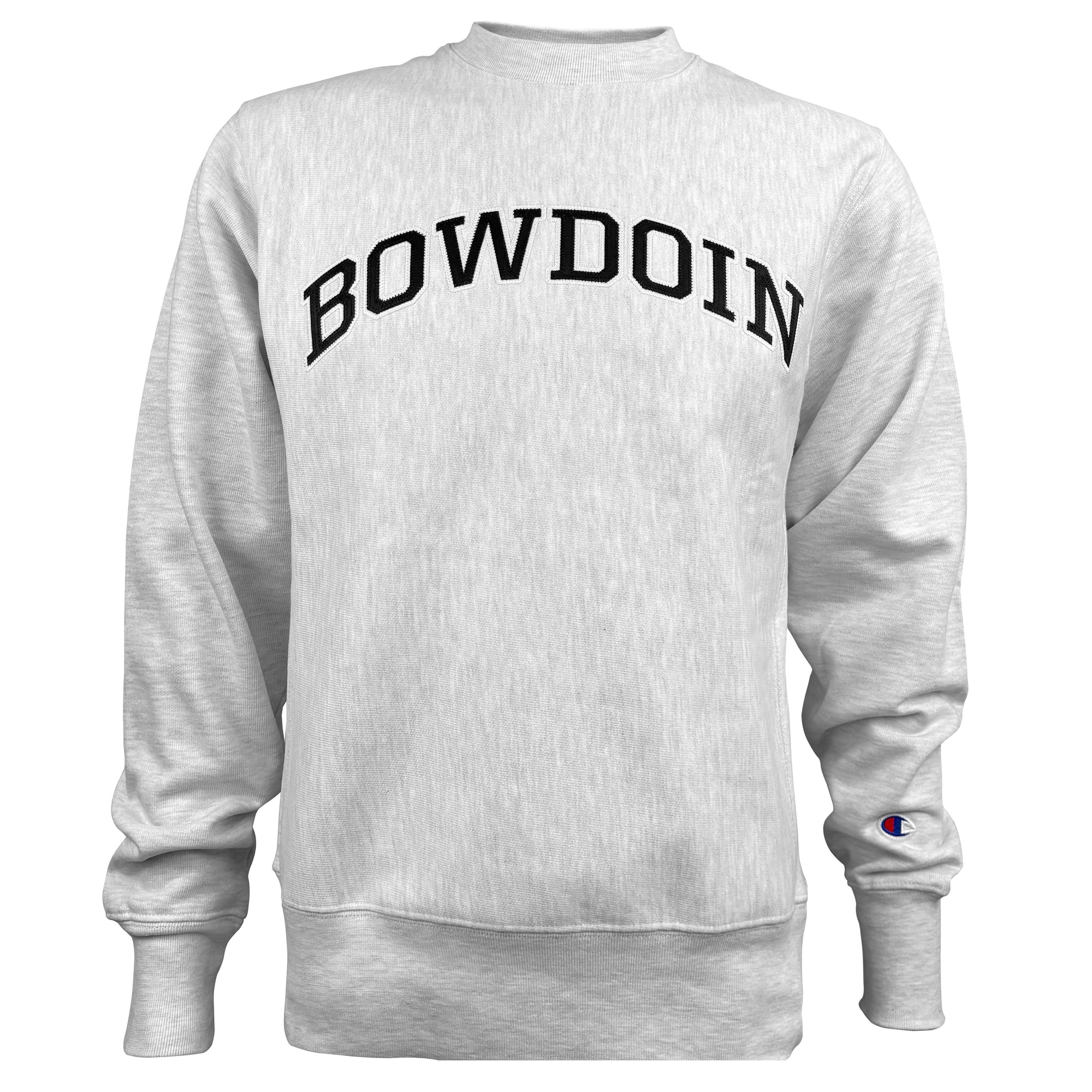 Gray sweatshirt with 'Bowdoin' text on a white background