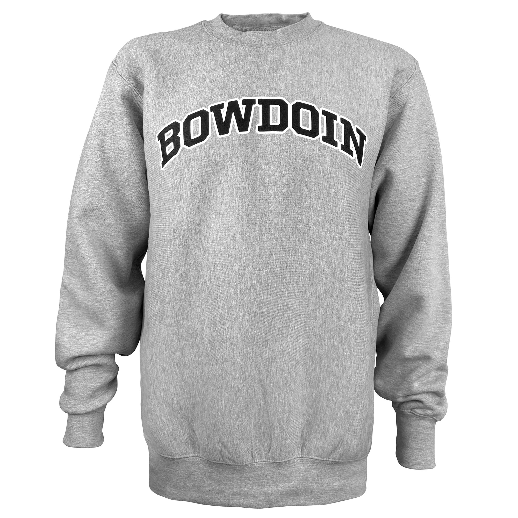 Gray sweatshirt with 'BOWDOIN' printed on it against a white background