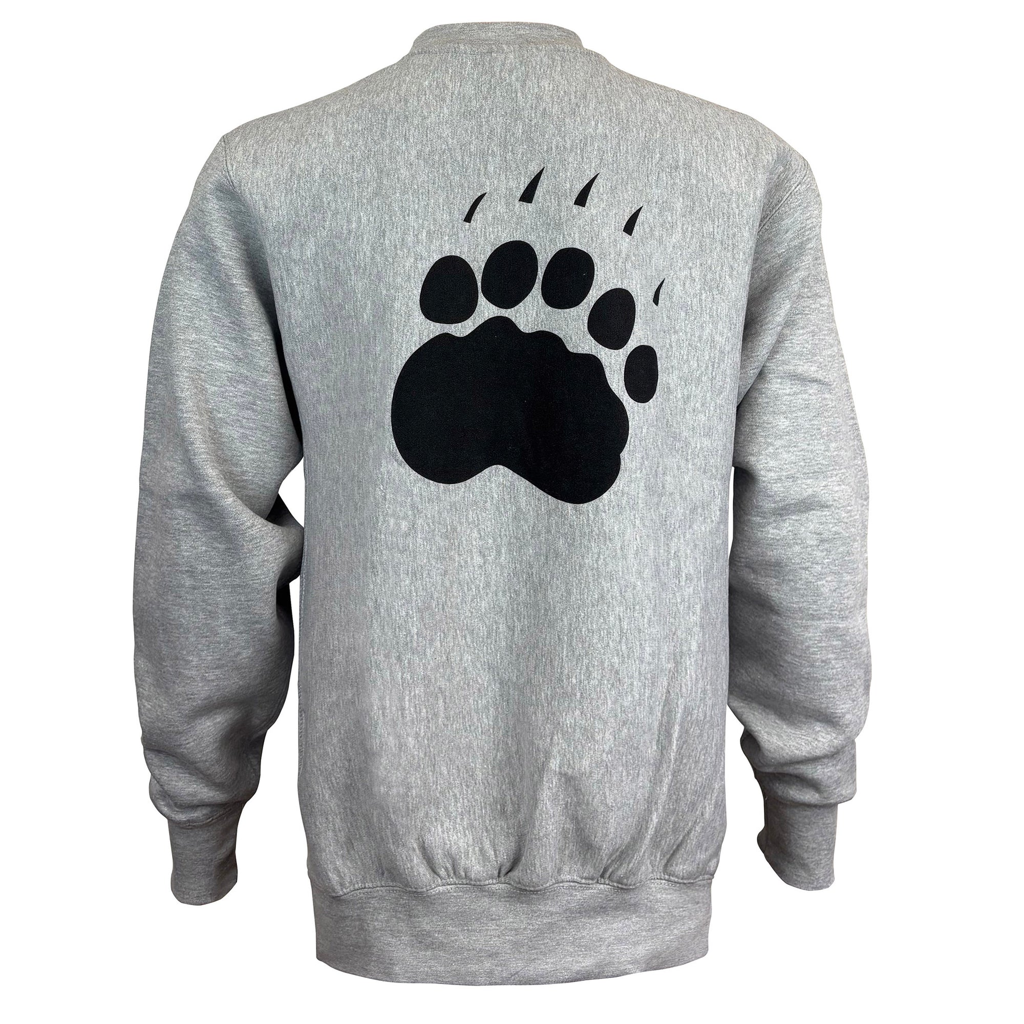 Gray sweatshirt with a black bear paw print on the back against a white background