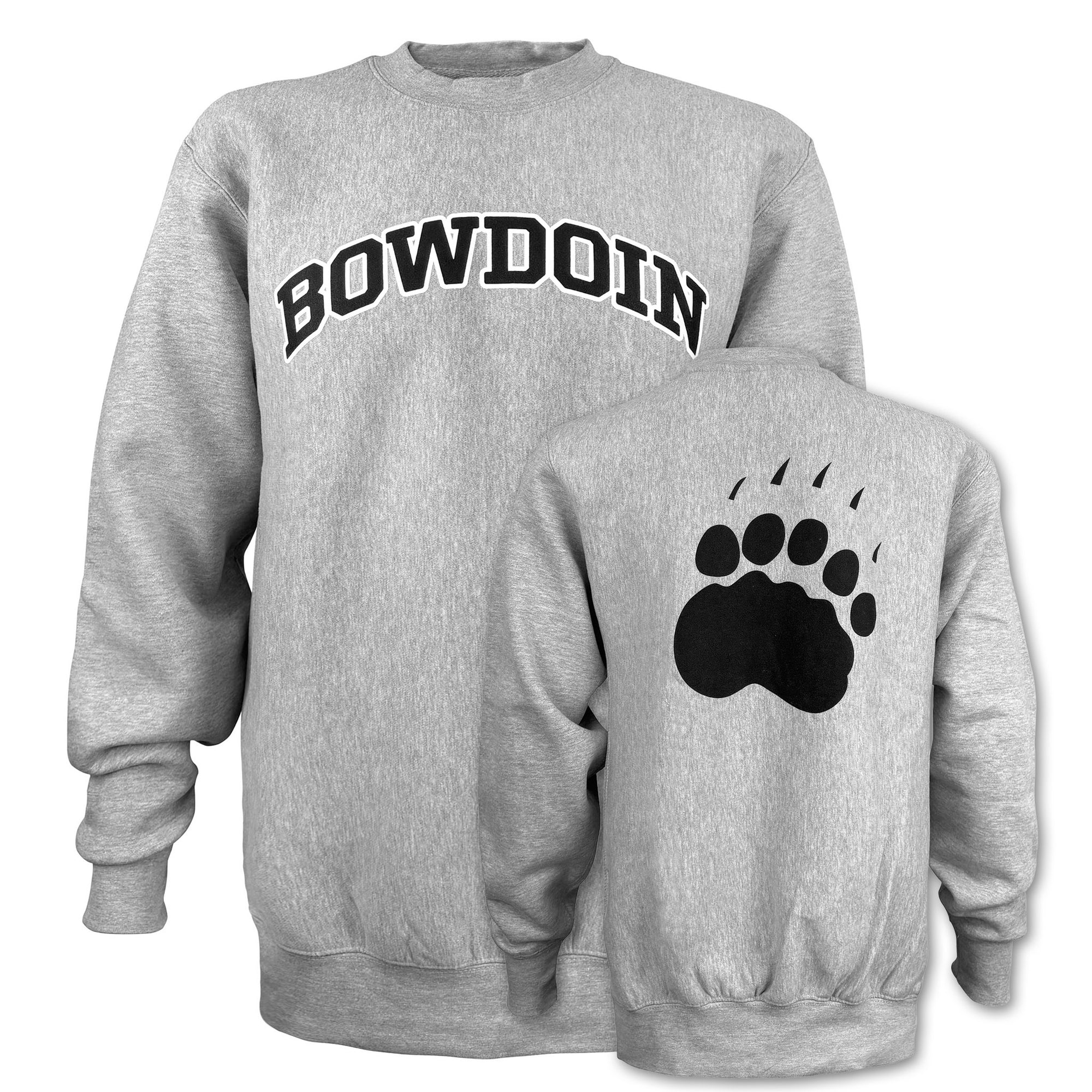 Grey crew sweatshirt with Bowdoin on chest and paw print on back.