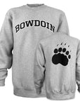 Grey crew sweatshirt with Bowdoin on chest and paw print on back.