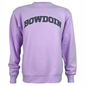Lavender crew with grey arched BOWDOIN imprint with black stroke.
