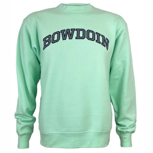 Mint green crew with grey arched BOWDOIN imprint with black stroke.