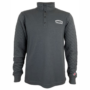 Smoke grey snap up pullover with quilted neck, sleeves, and back. White embroidered chest decoration of BOWDOIN arched over COLLEGE.