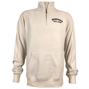 Light tan 1/4 zip pullover with front pouch pocket and black imprint on left chest of BOWDOIN arched over EST. 1794