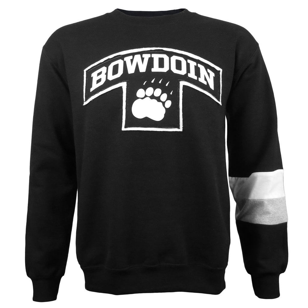 Black crew sweatshirt with two-layer applique black on top of white, with white imprint on applique of BOWDOIN arched over paw print. Sewn-in colorblock insert in left sleeve of white over heather grey.