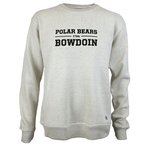 Oatmeal heather sweater fleece crew with black chest embroidery of POLAR BEARS over a line interrupted by a small 1794 over a larger BOWDOIN.