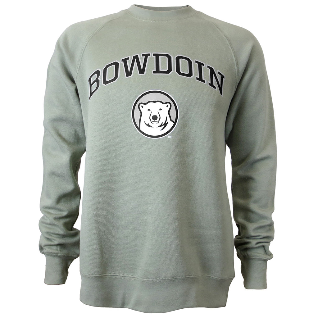 Sage green crewneck sweatshirt with BOWDOIN arched over mascot medallion imprint on chest.