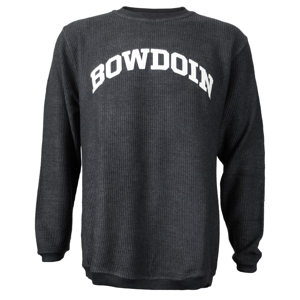 Charcoal grey terry cord crew with white arched BOWDOIN imprint on chest.