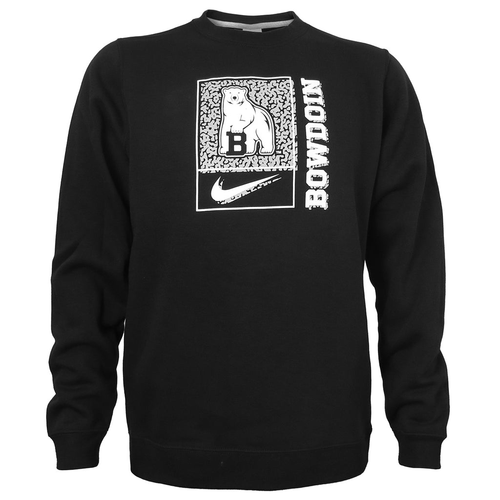 Black crew sweatshirt with white, grey, and black imprint on chest of a polar bear mascot in a box above a Nike Swoosh, and to the left of the box, the word BOWDOIN in white vertically. Offset with the main decoration is a 90s-style sponge print pattern in grey.