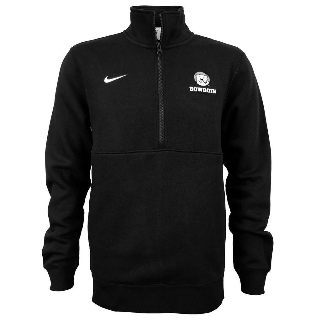 Black 1/2 zip pullover with white embroidered Swoosh on right chest, black, white, and grey embroidered mascot medallion on left chest over white BOWDOIN