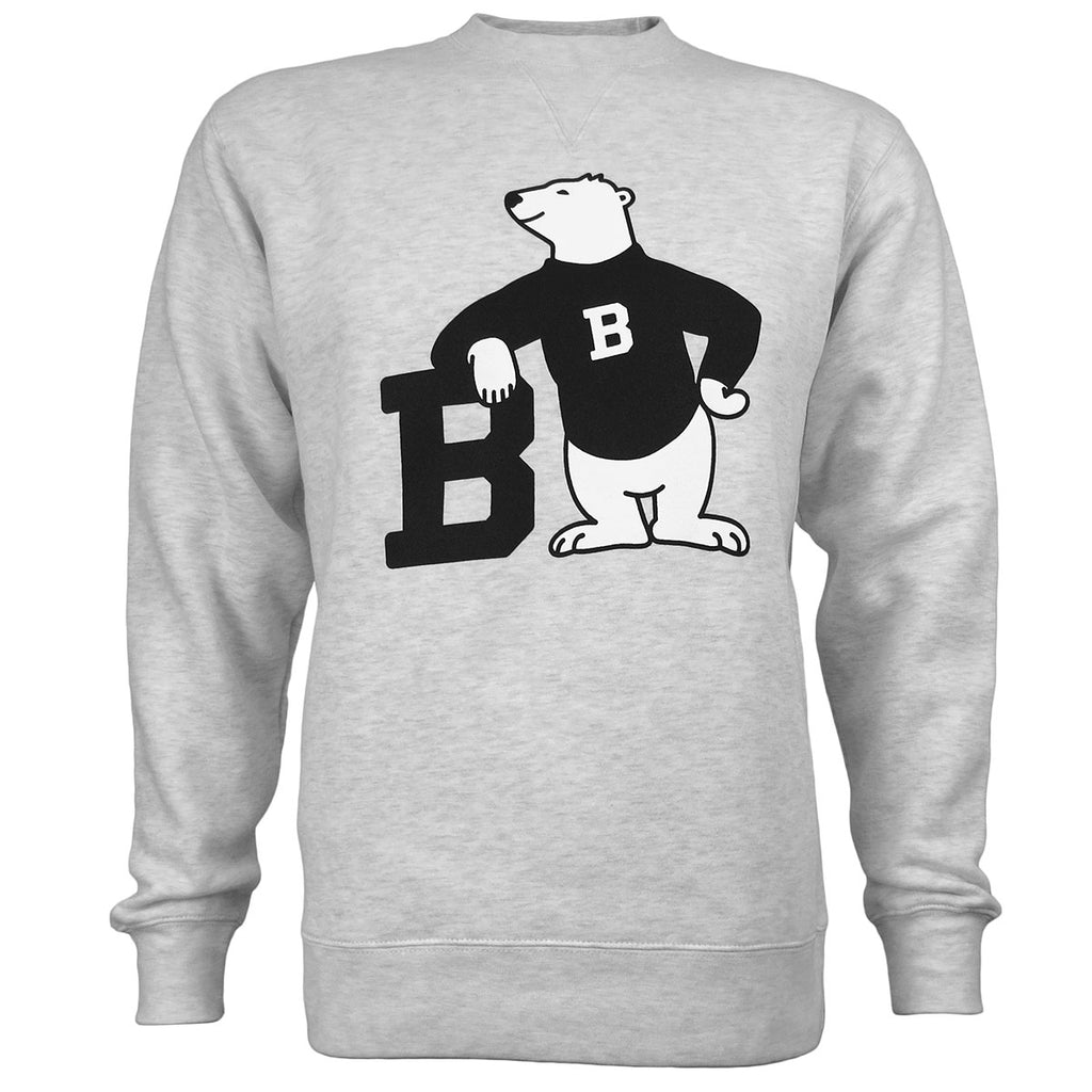 Pale heather grey pullover crew with large chest imprint of a cartoon polar bear wearing a black sweater with a B on the chest, leaning on a large black B.