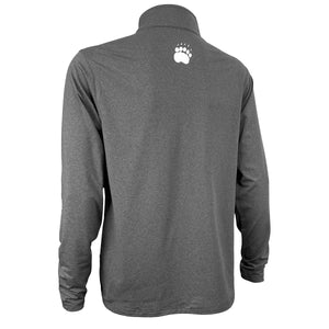 Back of graphite grey heather 1/4-zip pullover shirt with small white paw print on high upper back