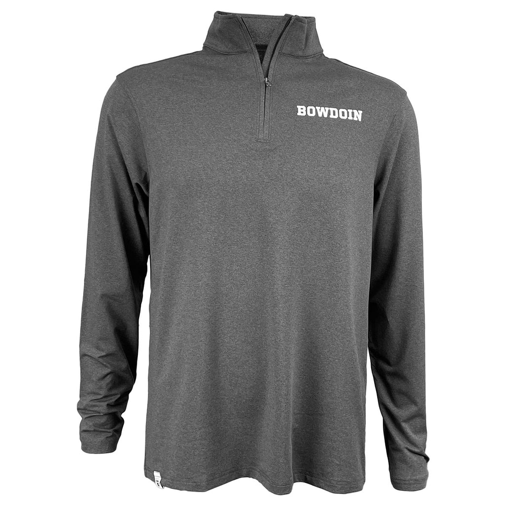 Graphite grey heather 1/4-zip pullover shirt with BOWDOIN imprint in white on left chest.