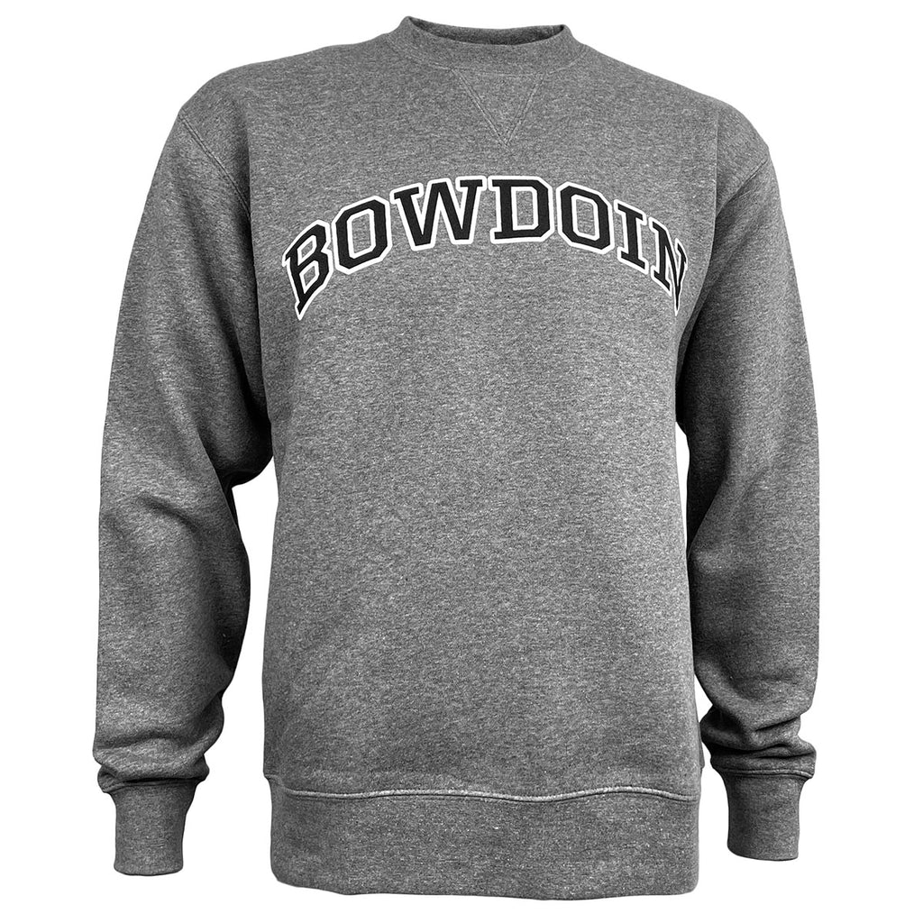 Charcoal heather sweatshirt with arched BOWDOIN imprint on chest in black with white outline.