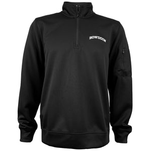 Black 1/4-ip pullover sweatshirt with white arched BOWDOIN embroidered on left chest. Small zippered pocket on upper left sleeve above elbow.