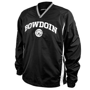 Black wind shirt with v-neck and raglan sleeves. White BOWDOIN applique arched over black and white embroidered polar bear medallion. White stripes on collar and sides.