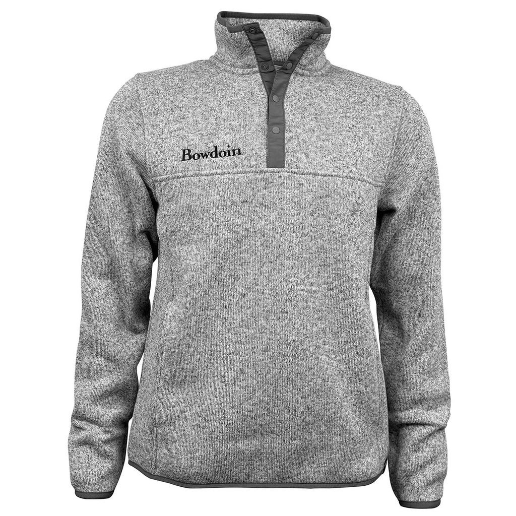 Men's heather grey sweater fleece pullover with snap-up collar, grey trim, and black BOWDOIN wordmark embroidery on right chest.