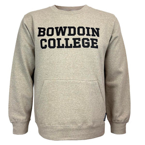 Tan heather crew sweatshirt with front pouch pocket and black logotype BOWDOIN over COLLEGE chest imprint.