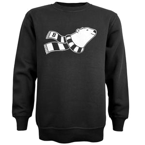 Black crew sweatshirt with flocked chest decoration of the bust of a smiling cartoon polar bear in a black and white striped scarf.