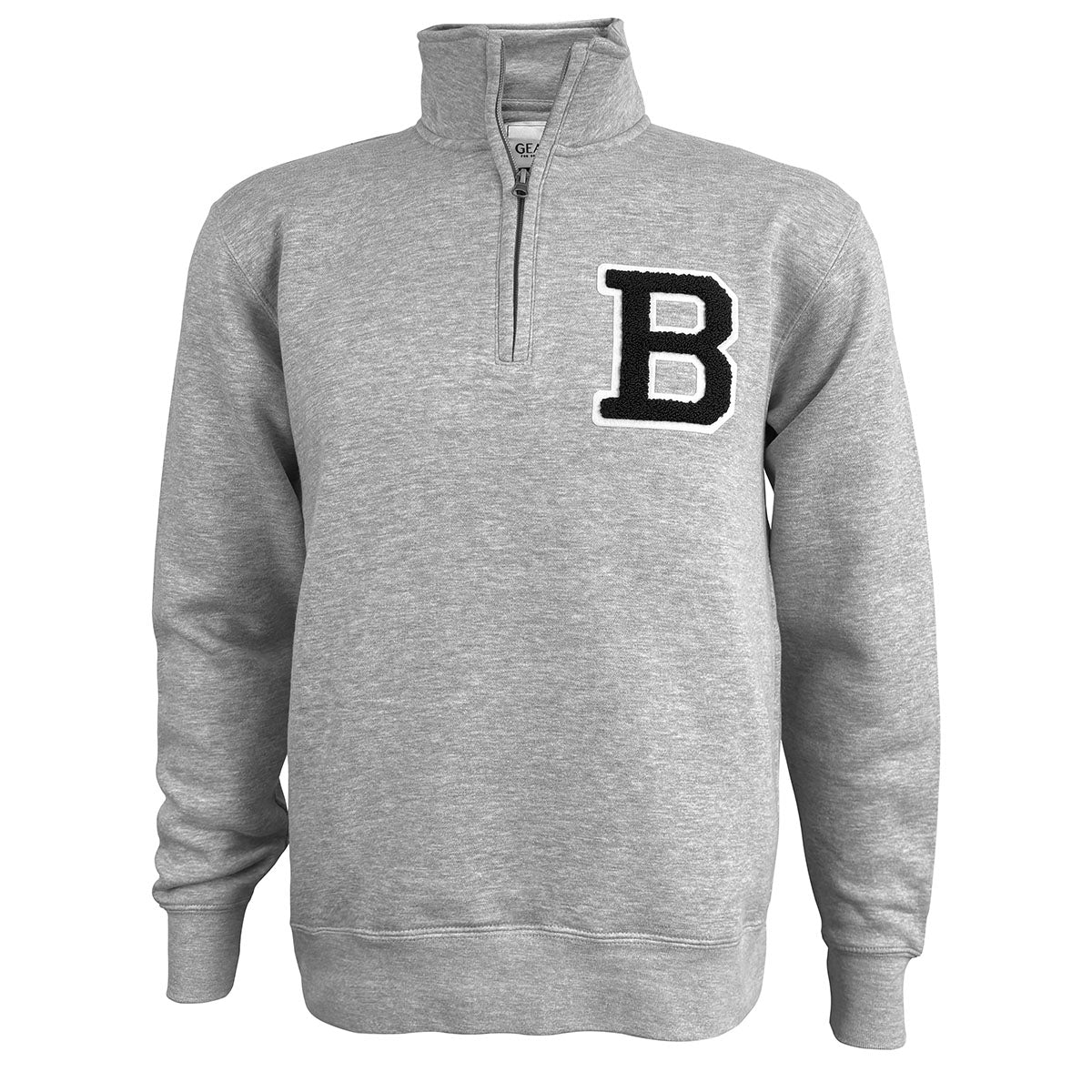 Gray quarter-zip sweatshirt with a black and white 'B' logo on a white background