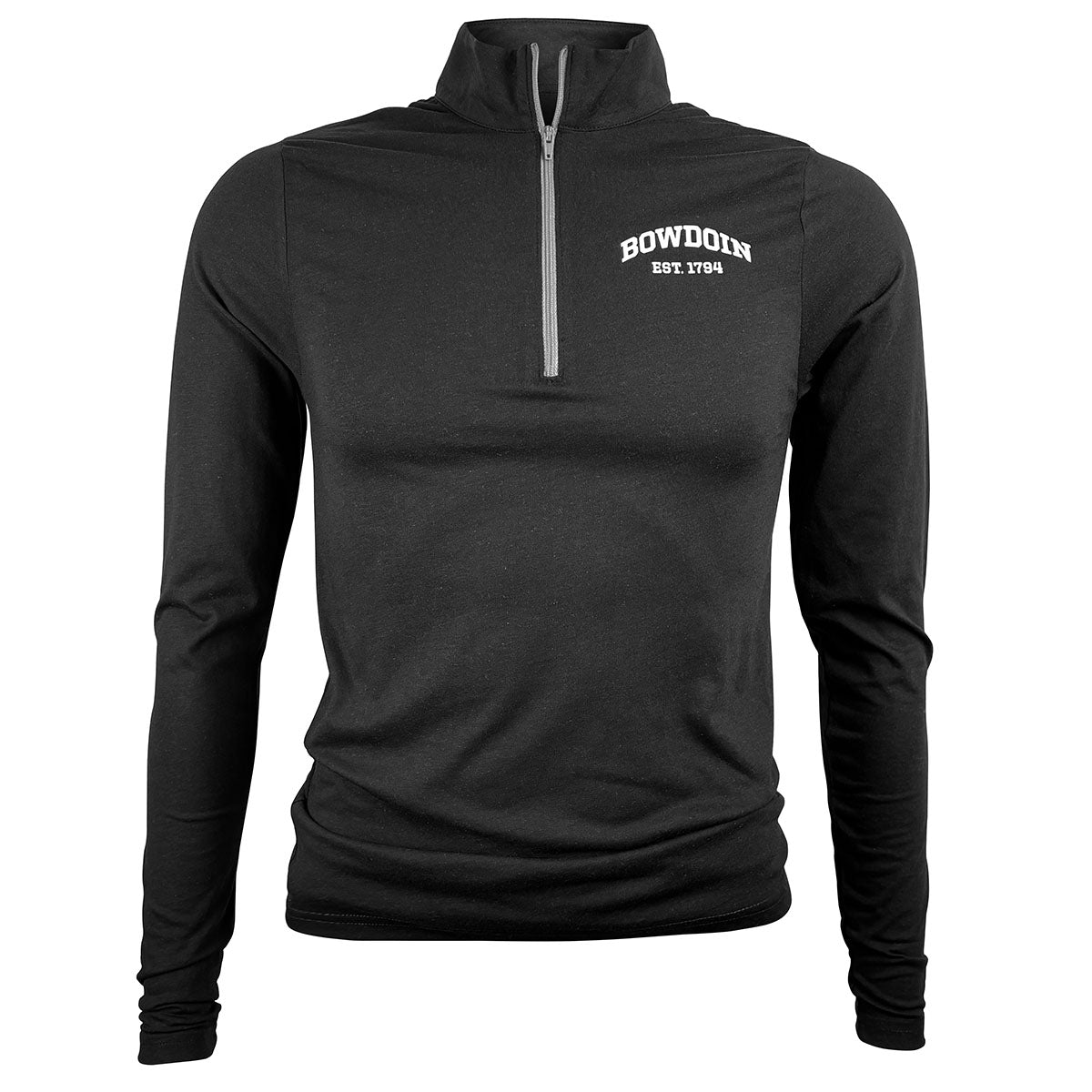 Black 1/4-zip pullover with white arched BOWDOIN over EST 1794 imprint on left chest.