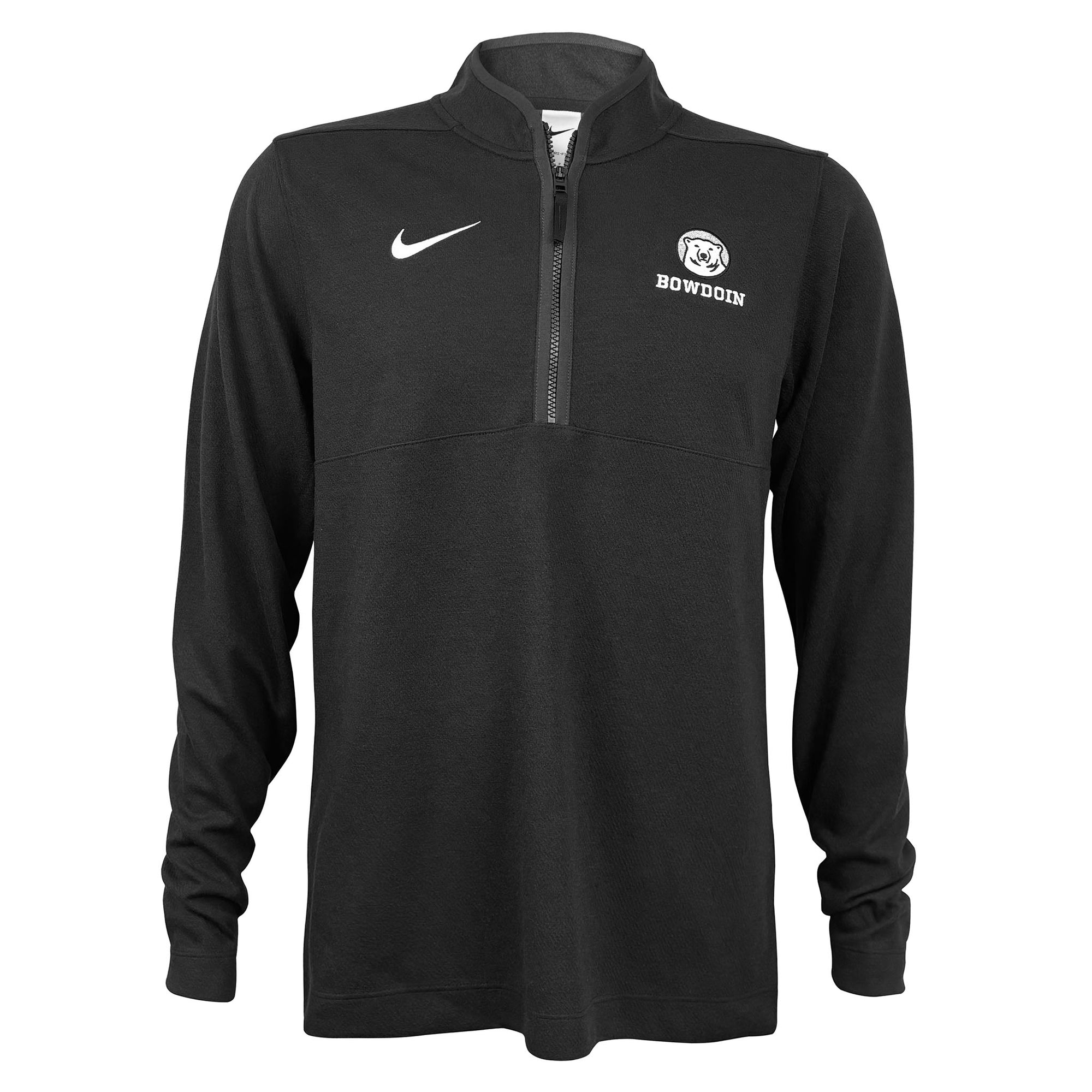 Black quarter-zip sweatshirt with Nike logo and 'Bowdoin' text on a white background