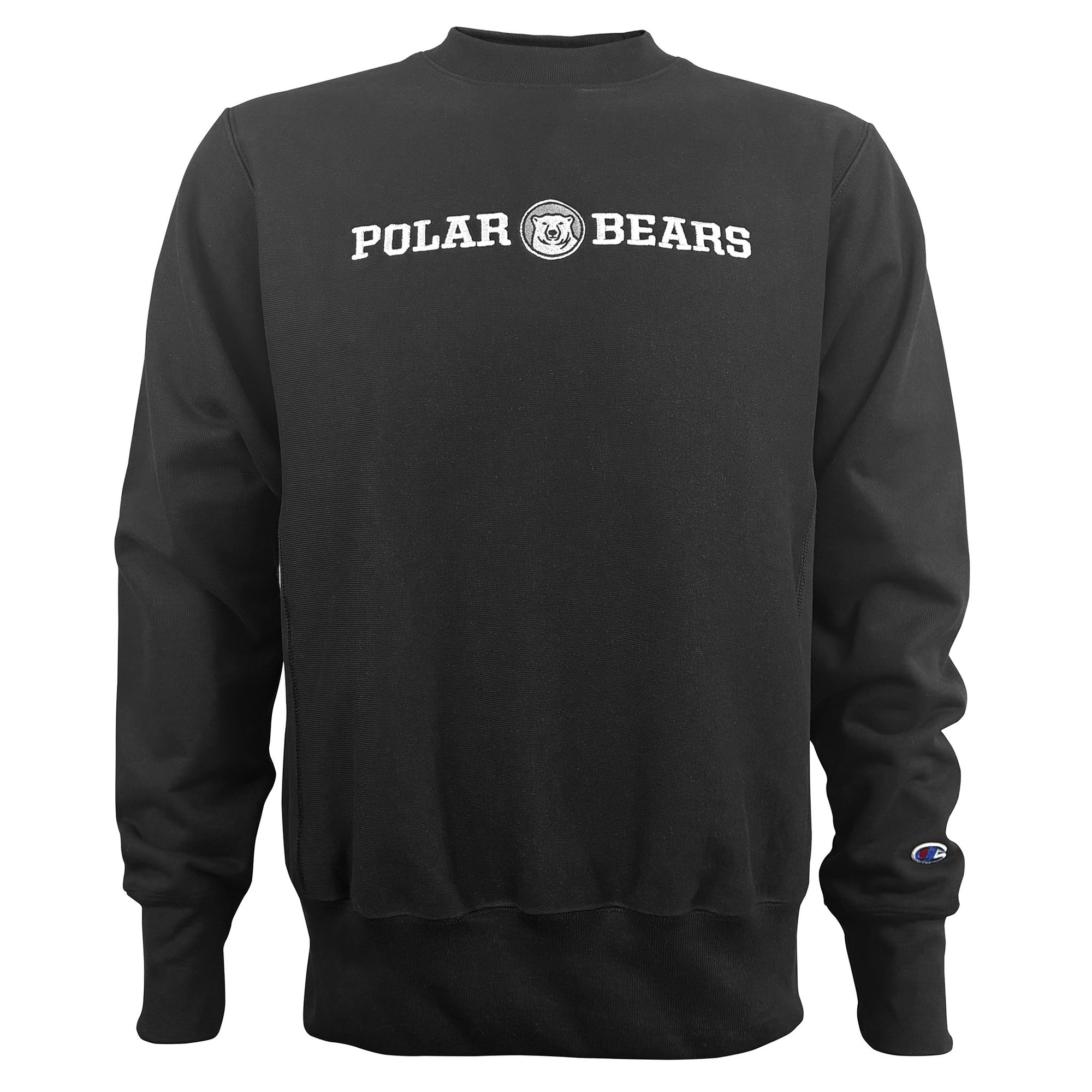 A black long-sleeve crewneck sweatshirt featuring 'POLAR BEARS' printed in white arched block letters across the chest, with a circular polar bear graphic in the center. A small Champion logo is visible on the left sleeve cuff.