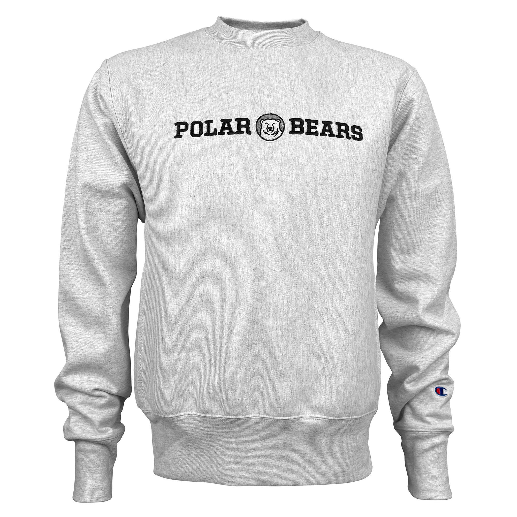 A light heather gray crewneck sweatshirt featuring 'POLAR BEARS' printed in black across the chest, with a circular polar bear logo in the center. A small Champion 'C' logo is visible on the left sleeve cuff.