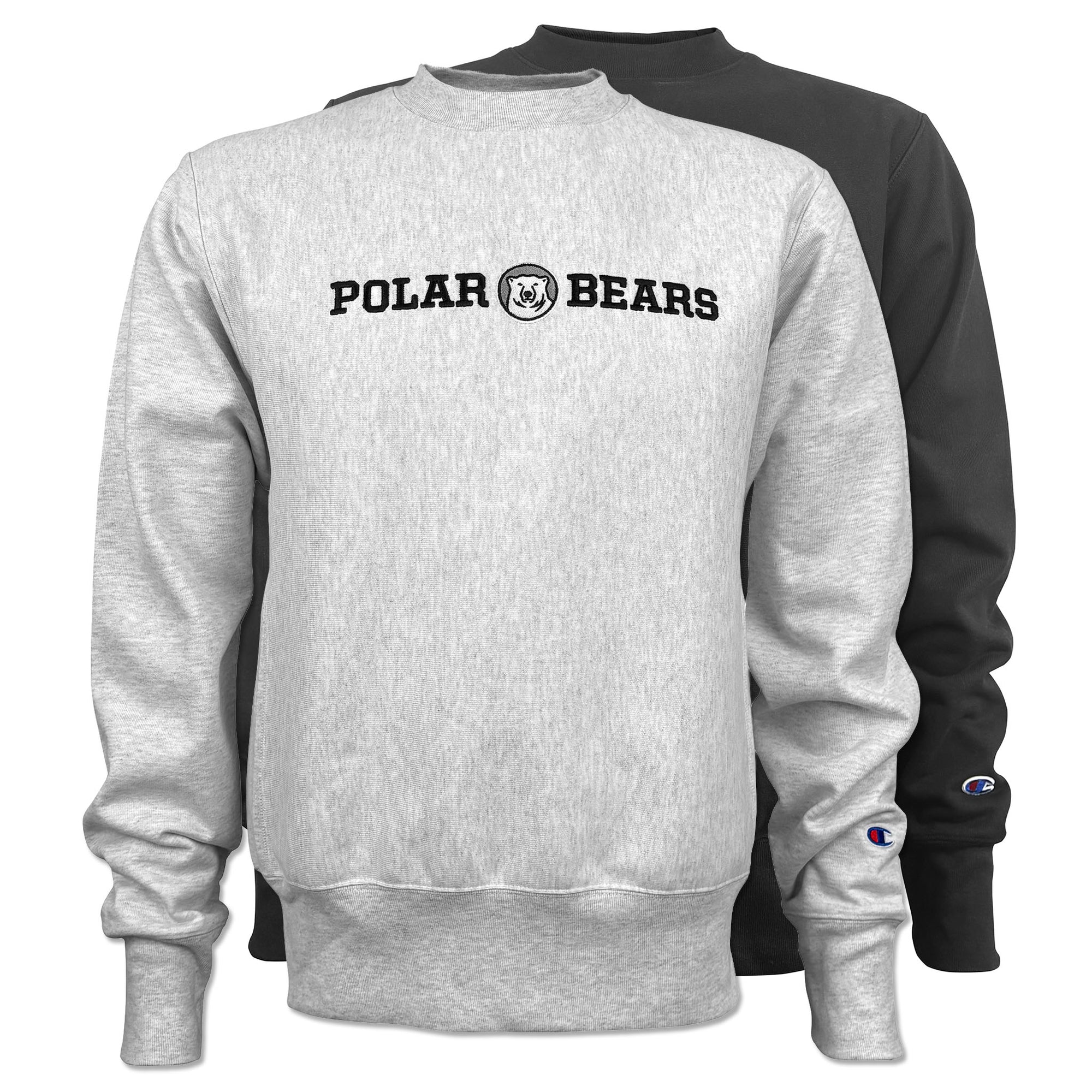 A light heather gray sweatshirt in front of a black version of the same sweatshirt, both showing the 'POLAR BEARS' graphic across the chest and a small Champion logo on the left sleeve cuff.