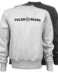A light heather gray sweatshirt in front of a black version of the same sweatshirt, both showing the 'POLAR BEARS' graphic across the chest and a small Champion logo on the left sleeve cuff.