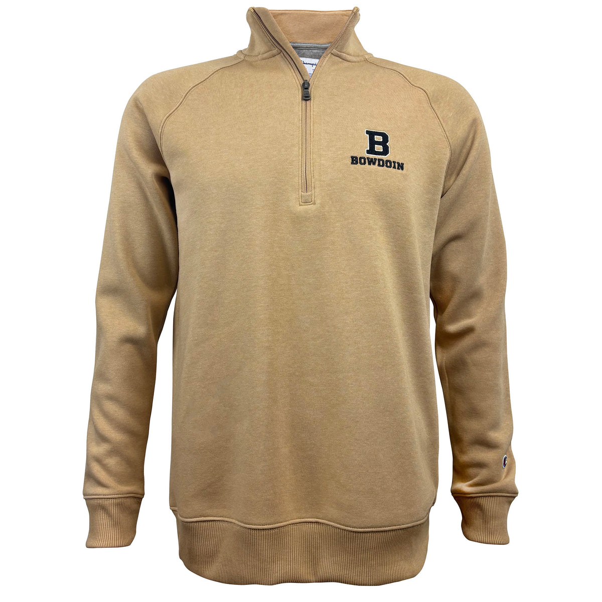 Tan 1/4-zip fleece pullover sweatshirt with black B with white outline over black BOWDOIN embroidered on left chest.