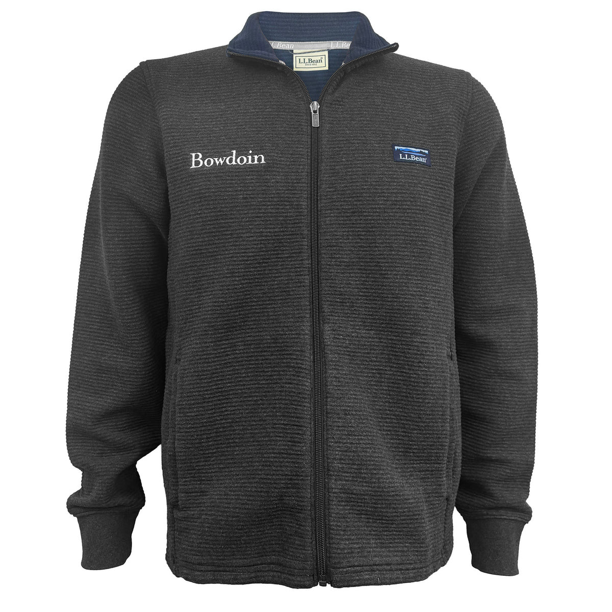 A dark gray ribbed zip-up fleece jacket with a navy blue collar, featuring 'Bowdoin' embroidered in white on the left chest and a small blue and white L.L.Bean logo patch on the right chest.