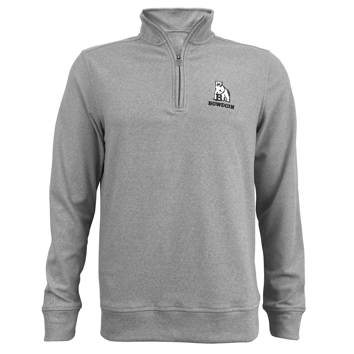 Light heather gray 1/4 zip pullover sweatshirt with embroidered polar bear logo and BOWDOIN on left chest.