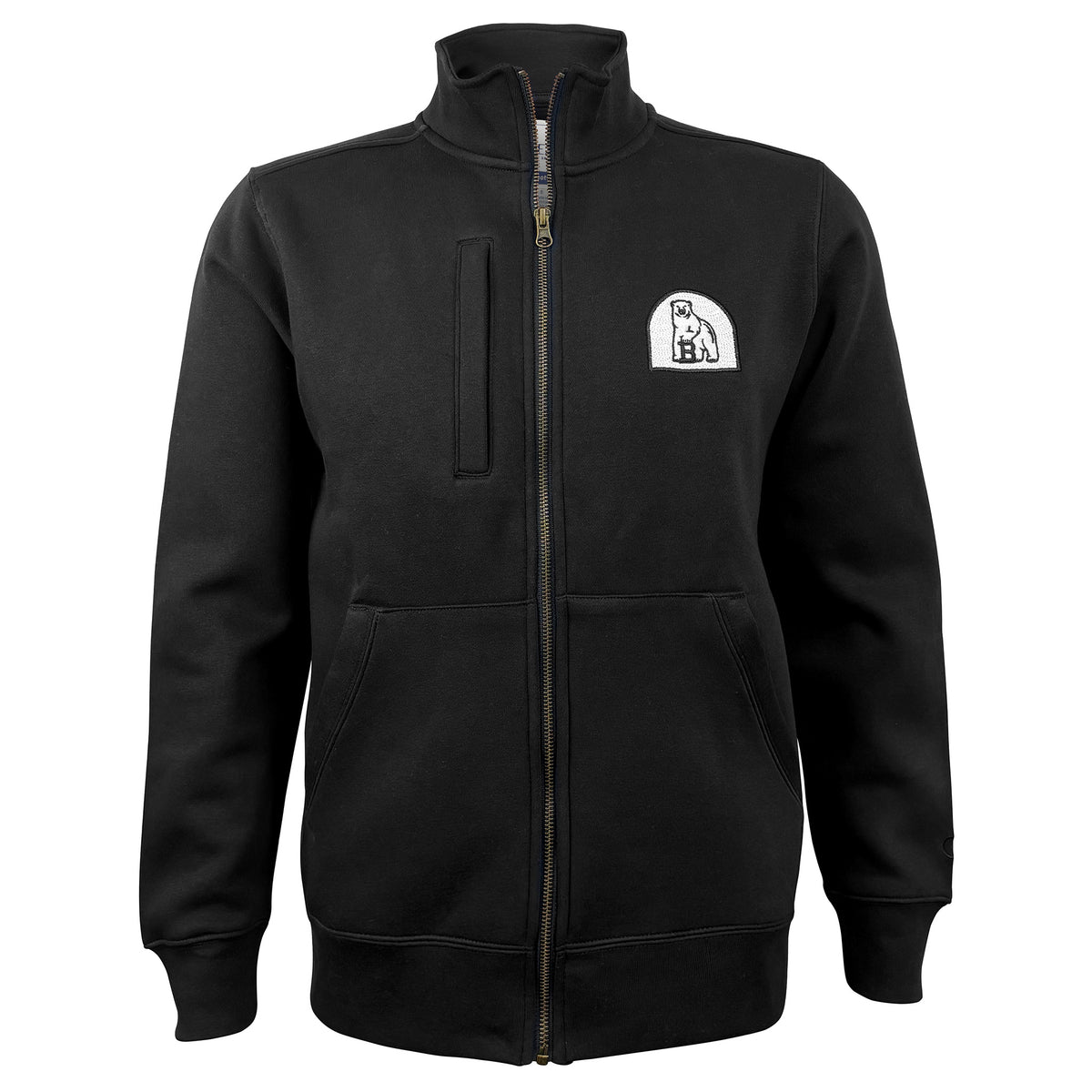 A black zip-up fleece jacket with a stand-up collar, a vertical chest pocket, and a white embroidered polar bear logo on the left chest, shown against a plain white background.