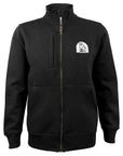 A black zip-up fleece jacket with a stand-up collar, a vertical chest pocket, and a white embroidered polar bear logo on the left chest, shown against a plain white background.