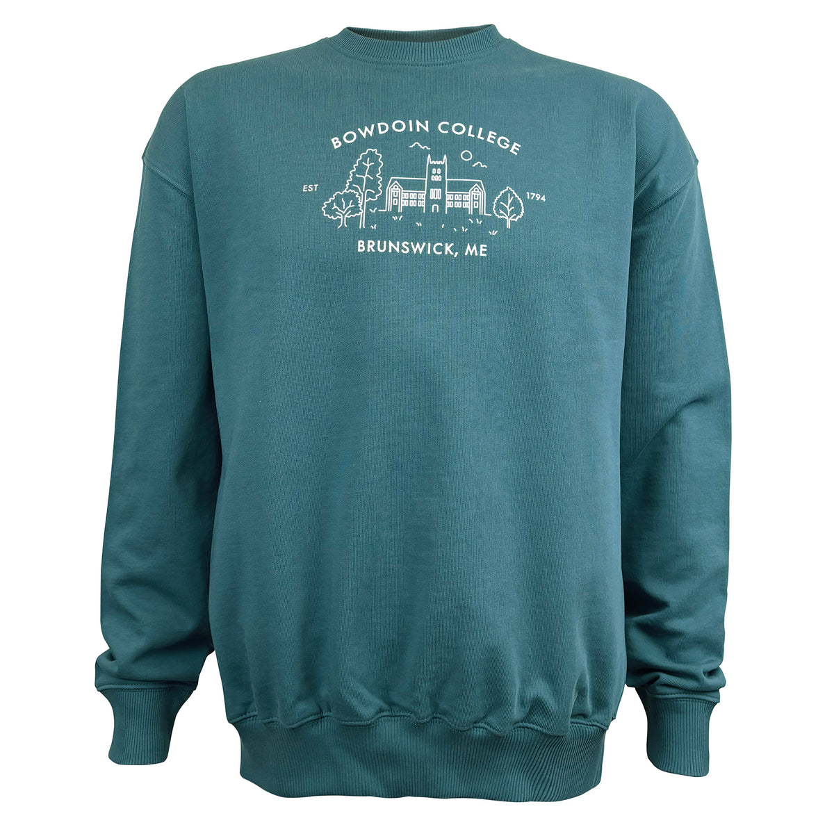 Teal green crewneck sweatshirt with ribbed collar and cuffs. White chest imprint of BOWDOIN COLLEGE arched over a line drawing of a castle-like building and EST 1794 and BRUNSWICK, ME. 