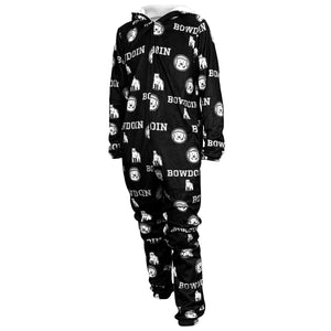 Full body black union suit with sherpa-lined hood. All-over Bowdoin, mascot, and mascot medallion print.