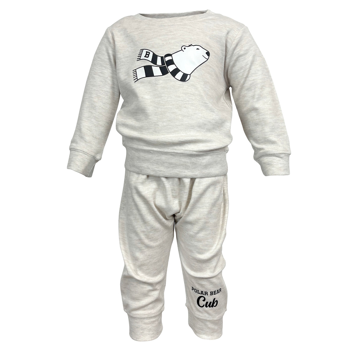 A two-piece baby loungewear set consisting of a long-sleeve sweatshirt and matching jogger pants in a light oatmeal heather. The sweatshirt features a graphic of a polar bear wearing a black and white striped scarf. The pants have the words POLAR BEAR CUB printed on the left leg above the cuff.